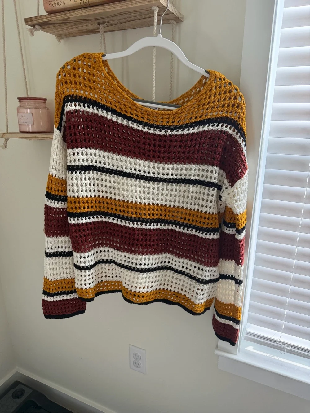 Nine West Open-Knit Striped Pullover Sweater in Mustard, Burgundy & Cream